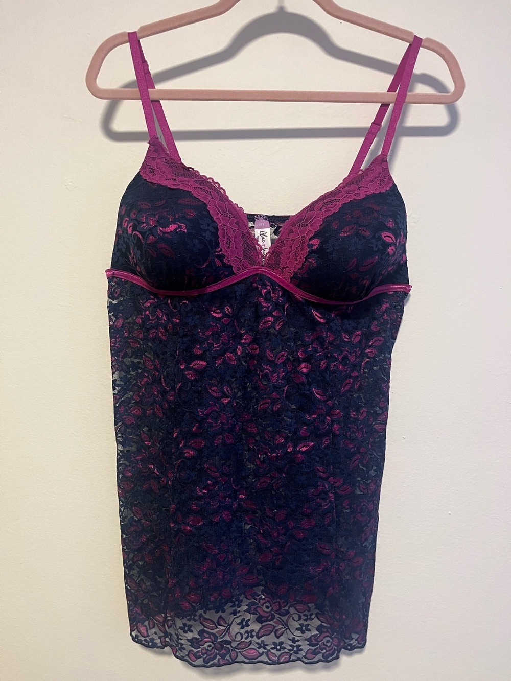Lace Trim Chemise Slip in Black and Fuchsia